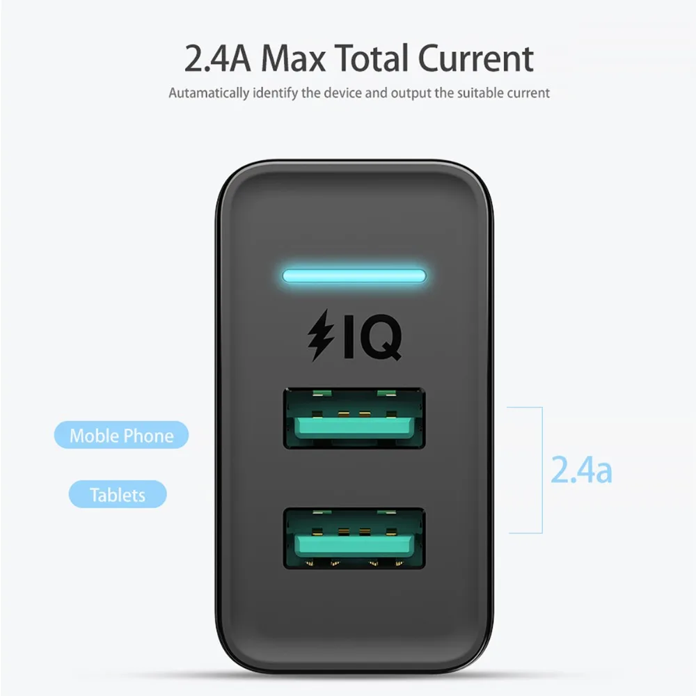 SOONHUA Универсальное зарядное устройство с двумя портами USB, 5 В, 2,4 А, настенное зарядное устройство, штепсельная вилка европейского стандарта, с умным током, Многофункциональная Защита для смартфонов, планшетов