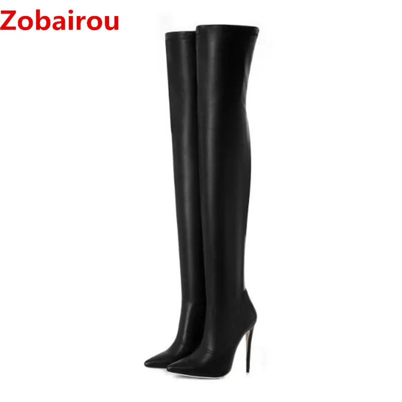 Zobairou/ г. черные кожаные пикантные высокие сапоги с шаговым швом Сапоги выше колена на очень резиновом высоком каблуке Женская обувь