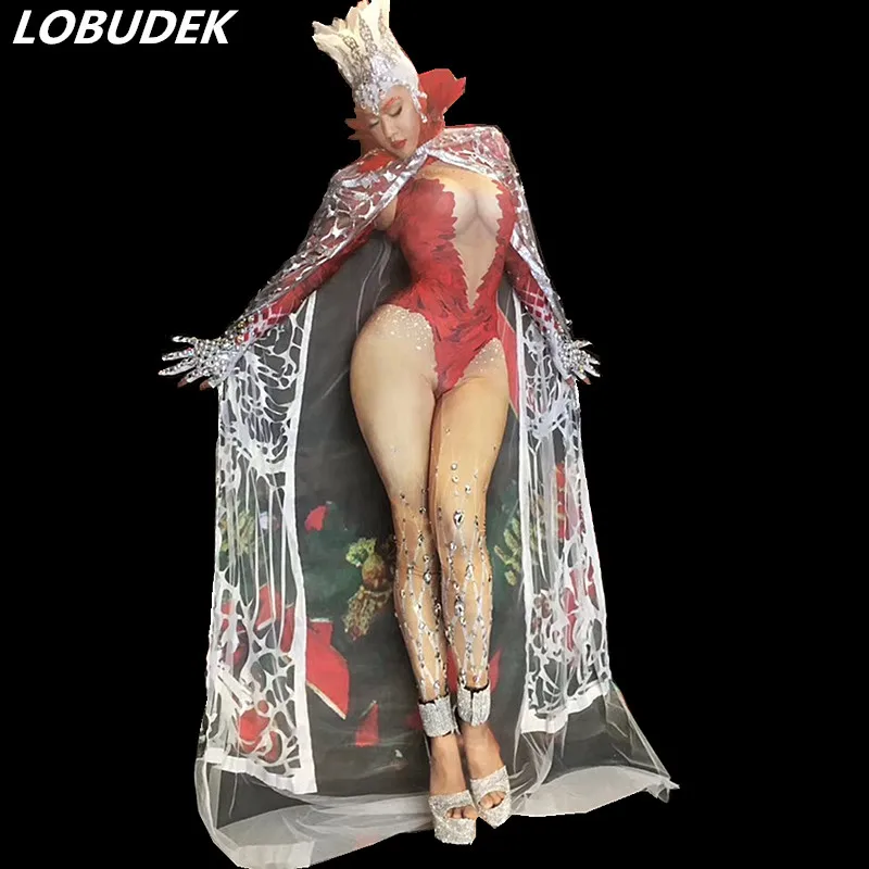 

Silver Long Cloak Red Bodysuit Rhinestones Feathers Headgear Sets Sexy Women Singer Concert Costume Nightclub Party Stage Outfit