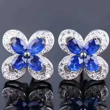 Сапфировые серьги-гвоздики,, натуральный настоящий сапфир, серебро 925 пробы, 0.35ct* 8 шт., цветок с драгоценными камнями, серьги# YB18091203