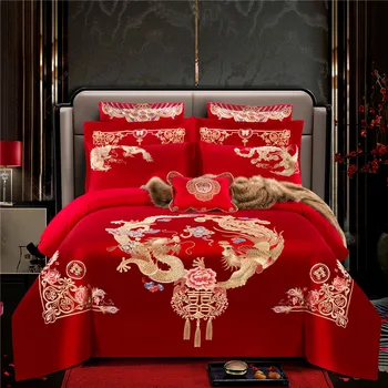 

100% Cotton with embroidery Dragon and Phoenix Wedding Bedding Sets Chinese Dragon and Phoenix Wedding Red Duvet Cover KingQueen