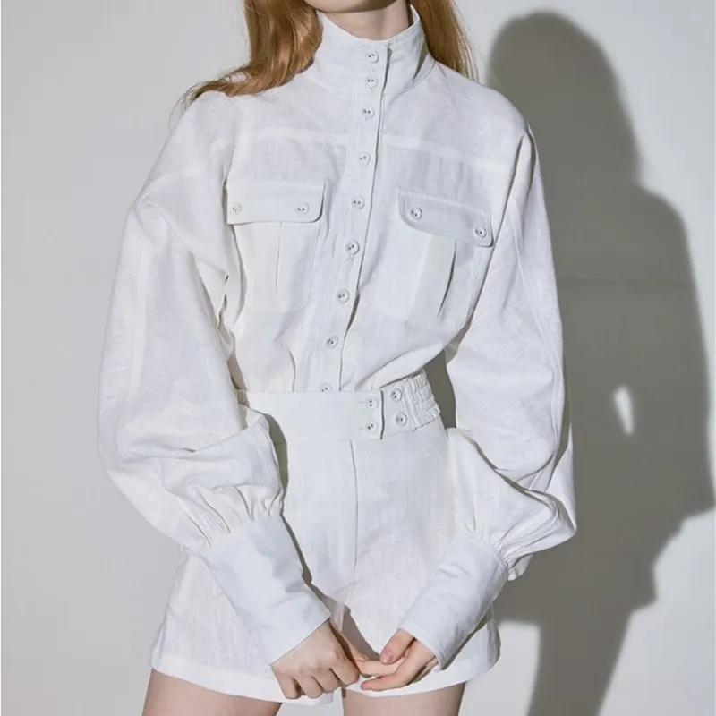 

2019 Spring Fashion White Shirt Shorts Women Two Piece Sets Lantern Sleeve Blouse Female High Waist Shorts Suits