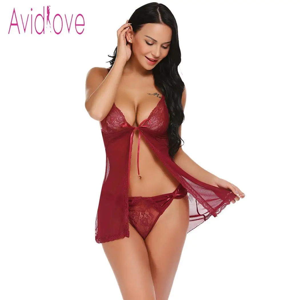 Avidlove, сексуальное женское белье, сексуальное нижнее белье, костюмы, Babydoll, набор, открытая передняя часть, ночное белье, стринги, lenceria erotica - Цвет: dark red