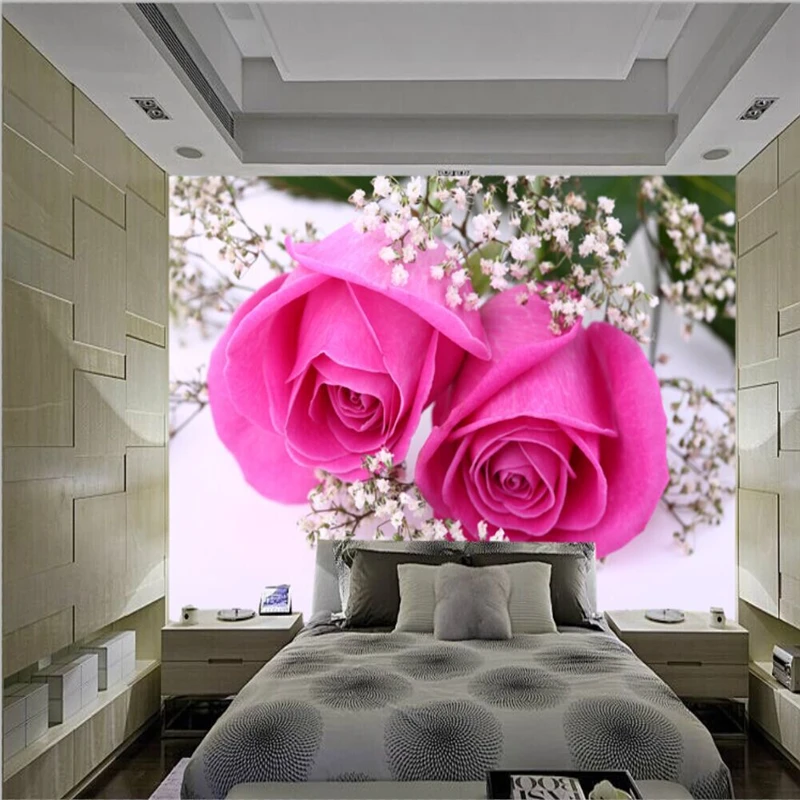 beibehang Seamless Large Fresco Pink Romantic Rose Flowers 3D Stereo TV Background Wallpaper Living Room Bedroom papel de parede