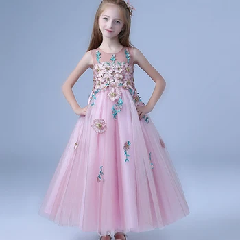 

High-grade Luxury Embroidery Flower Kids Girl Dress Teenager Long Pink Party Floral Transparent Pageant Fancy Wedding Vest Dress