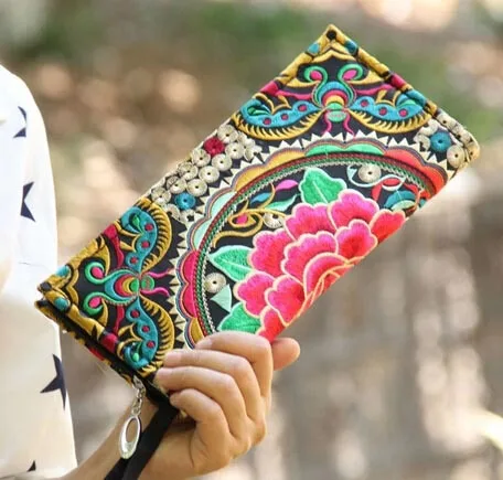 Винтажные женские кошельки с вышивкой, Длинный кошелек ручной работы с вышитыми цветами, пляжный клатч для путешествий, женский клатч для монет - Цвет: EBW001C