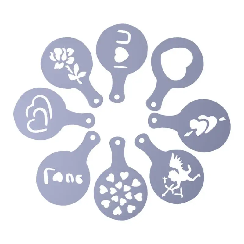 

8pcs/set Cappuccino Coffee Stencils Template Strew Valentine Heat Flowers Pad Duster Spray for Coffee Decoration Tools