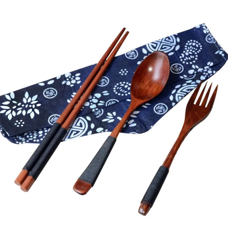 

Eco-friendly 3pc Wooden Tableware set Vintage Chinese Japanese Bento Lancheira Chop sticks Teaspoon Fork Tableware DinnerwareM3