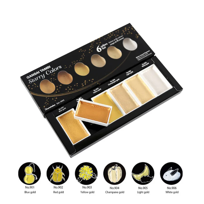 Kopen ZIG Kuretake GANSAI TAMBI Starry Pearl Gem Kleuren Solid Verven Metallic Gold Aquarel Pigment Voor Tekening Art Supplies