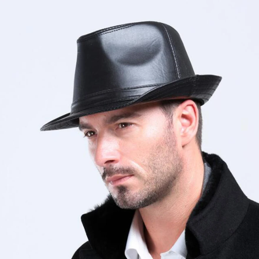 Winter Warm Leather Men's Black Fedora hat For Gentlemen's Genuine