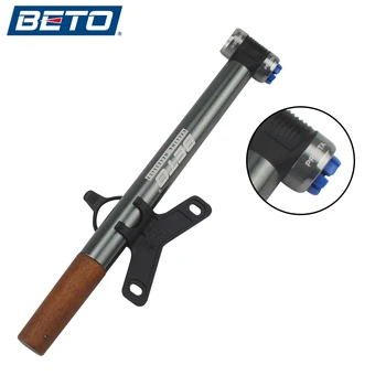 

BETO Bicycle Pump Portable Mini Ultra-light Aluminum Alloy Pump High Pressure Wood handle With Barometer 100PSI for AV/FV