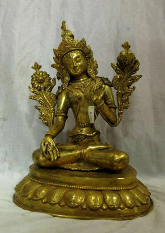 

bi002550 11" Tibet gilt bronze Buddhism lotus flower White Tara buddha Sculpture Statue