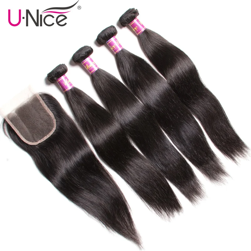 Unice волосы, индийские волосы прямые 4 пучка с закрытием человеческие волосы пучки с закрытием Натуральные Цветные волосы Реми для наращивания