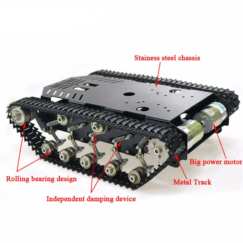 Shock Absorber Stainless Steel Tank Truck Intelligent Robot Chassis Metal Pedrail with Dual DC 12V Motor