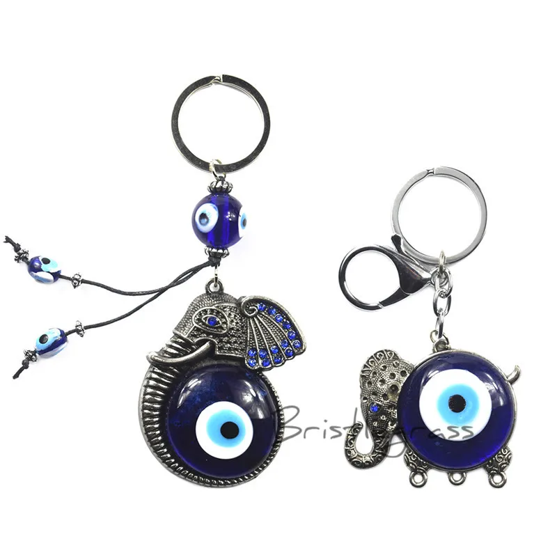 

BRISTLEGRASS Turkish Blue Evil Eye Rhinestone Elephant Keychain Key Chains Ring Holder Amulets Lucky Charm Pendant Blessing Gift