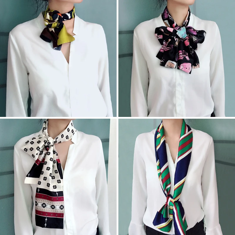Дизайнерские летние шелковые длинные шарфы для женщин, шарфы с двойным принтом, галстук, элегантный шейный платок, шейный платок для подарка девушке 145 см* 15 см