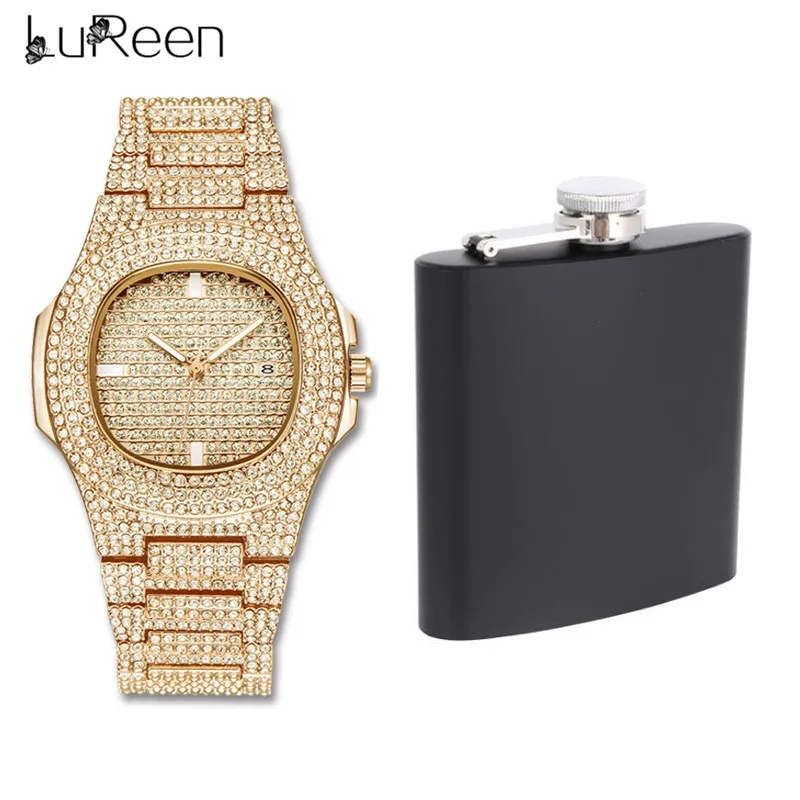 

Lureen Hip Hop CZ Quartz Watch Black Portable Stainless Steel Hip Flask Flagon Men Wine Pot Bottle Male Jewelry Set W0023