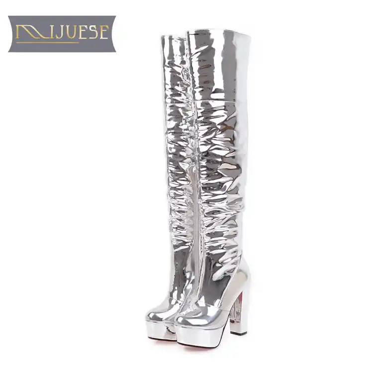 silver knee high platform boots