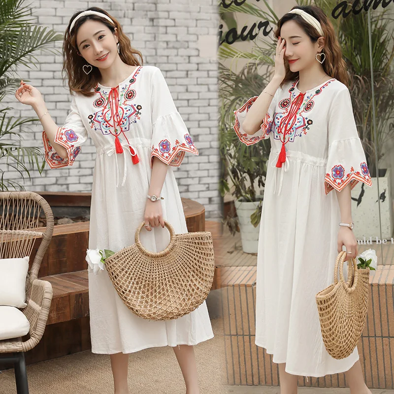 

9257# Vintage Embroidery Linen Maternity Long Dress Summer High Waist Drawstring Clothes for Pregnant Women Pregnancy Clothing