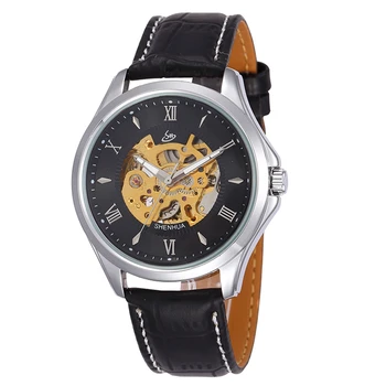 

SHENHUA Mechanical Watches Men Skeleton Dial Clock Roman Casual Leather Strap Wristwatches Relogio Male Dress Automatic Watch