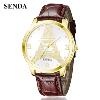 

SENDAS New Fashion Creative Eiffel Tower Dress Wristwatch Womens Mens Simple Waterproof Quartz Leather Strap Lover Watch Relogio