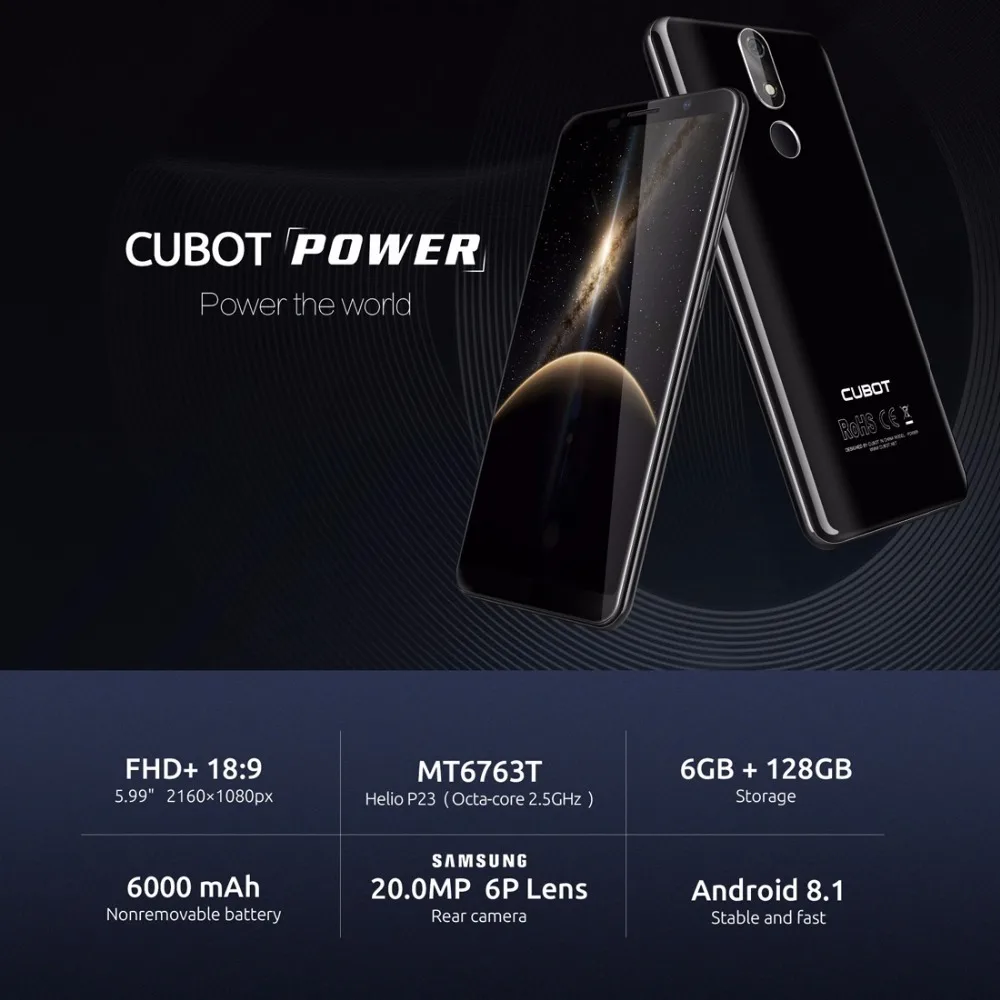 Смартфон Cubot power 4G, 6000 мАч, Android 8,1, 6 ГБ+ 128 Гб, 5,99 дюйма, мобильные телефоны MT6760, четыре ядра, отпечаток пальца, ID, 16,0 Мп, мобильный телефон