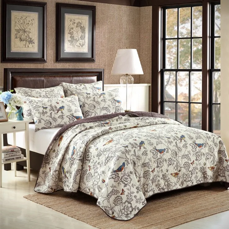 Printed Birds Embroidery Cotton Quilting Quilts Beige Floral Patchwork Quilt Luxury Bedding Sets