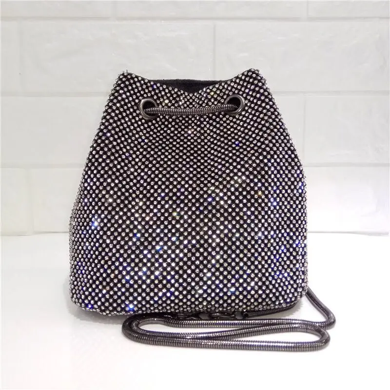 2019 New Black and Silver Super Flash Rhinestone Chain Bag Bucket Bag Women Purses and Handbags