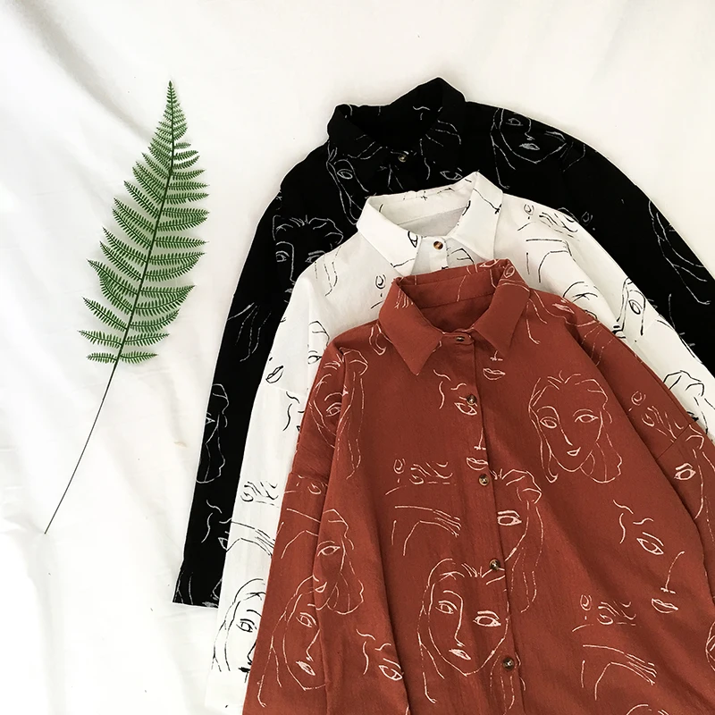 Vente Mode coréenne Beau Visage Impression Chemisier Femmes Vintage de Bande Dessinée Graphique Drôle Femme Tops Harajuku À Manches Longues Étudiant Chemises