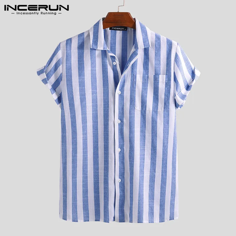 INCERUN, модная повседневная мужская рубашка в полоску, короткий рукав, воротник с отворотом, дышащая блуза, Camisa Masculina, брендовые рубашки для мужчин, S-5XL - Цвет: Blue Shirt