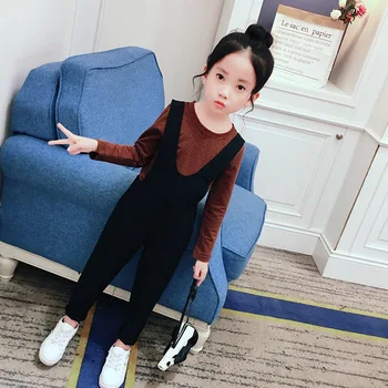 

Fashion Kids girls clothing set 2pcs Striped long sleeve top T shirt + Black bib pants Trousers Children Spring clothes set