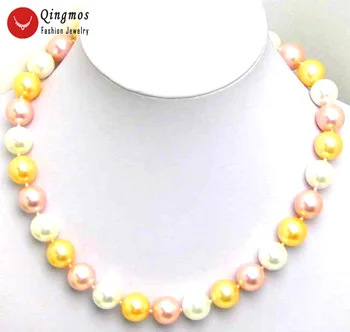 

Qingmos Multicolor Sea Shell Pearl Necklace for Women with 14MM High Luster Round Shell Pearl 17" Chokers Necklace Jewelry 5103