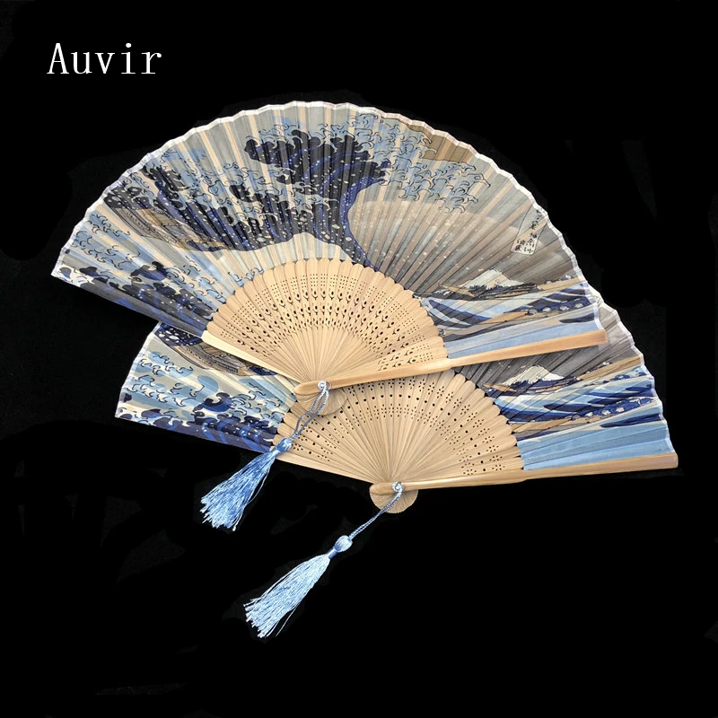 

1pc Japanese Waves Silk Hand Fan Mount Fuji Kanagawa Birthday Christmas Gift Red Peak Fuji Pocket Fan Catkins Folded Hand Fan