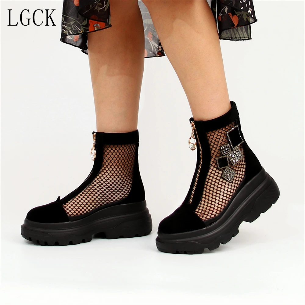 

Plus Size 34-42 Genuine Leather Women Sandals Cool Ankle Boots Mesh Sandalias Hollow Platform Crystal Zip Fashion Zapatos Mujer