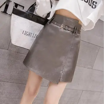 

2018 autumn and winter new Lap top PU leather skirt Korean fashion solid color A-Line skirt female