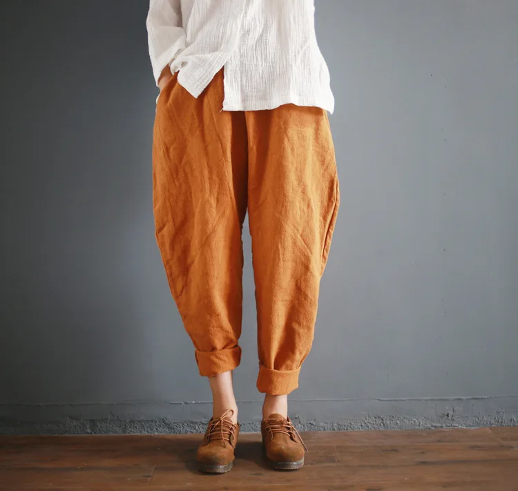 

NINIWONDERLAND Women Spring Autumn Thicking Jacquard Cotton Linen Casual Harem Pants Elastic Waist Vintage Loose Trousers Female