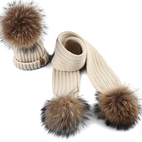 FURTALK Kids Winter Warm Chunky Thick Knit Beanie Hats and Scarves Real Fur Pompom Hat Scarf Set for Child Ages 2-10 - Цвет: beige