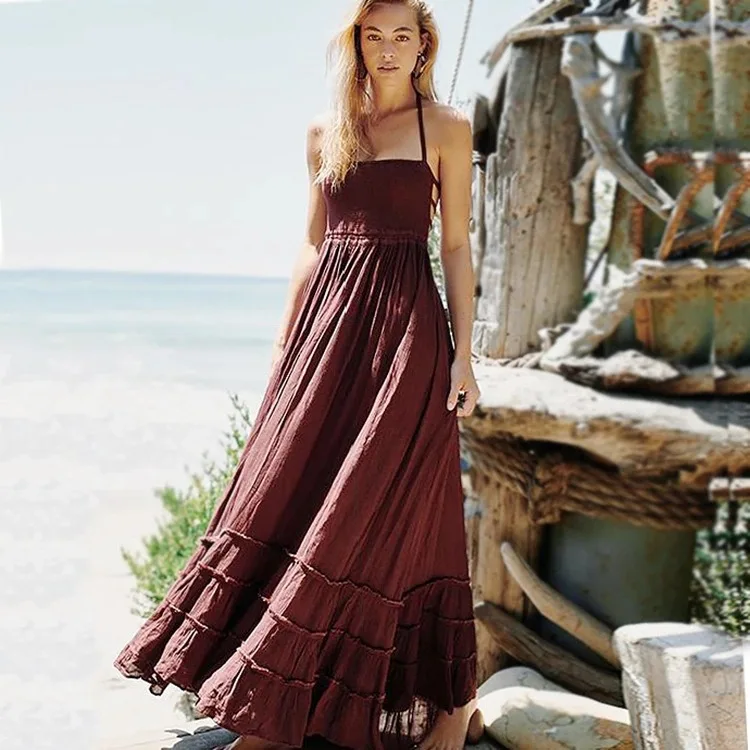 

Beach Pure Color Loose Boho Maxi Woman Dress Long Summer Vintage Beach Dresses Sleeveless Spaghetti Strap Party Vestido