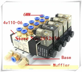 

Airtac 5 Way 4V110-06 With LED Indicator Quintuple Electromagnetic Solenoid Valves w Muffler Fitting Base 12v 24v 110v 220v