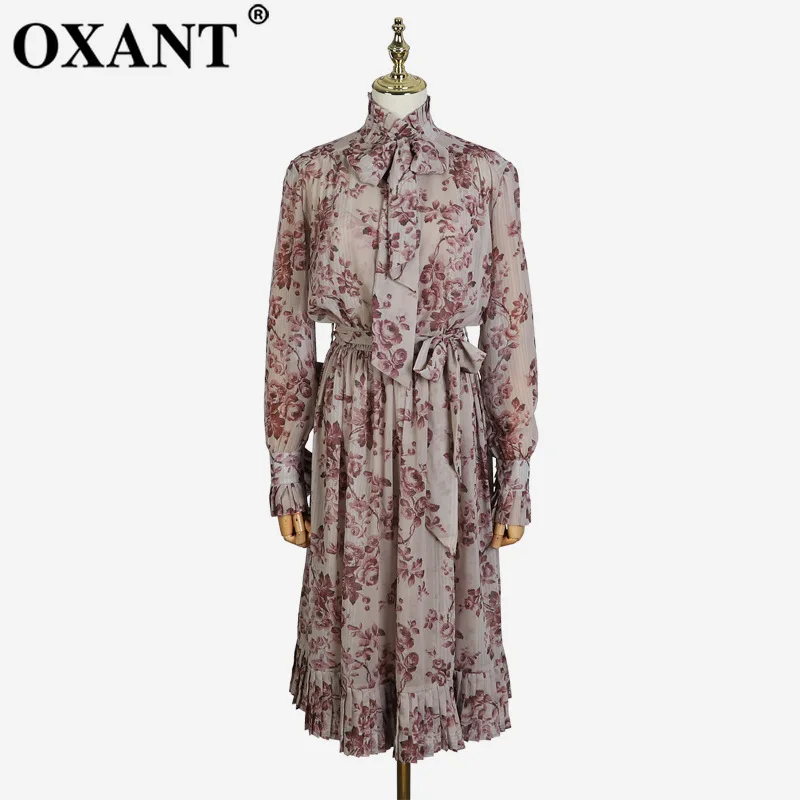 OXANT женское длинное платье, стиль, бант, цветочный принт, длинный рукав, Бабочка, платье, очень два предмета