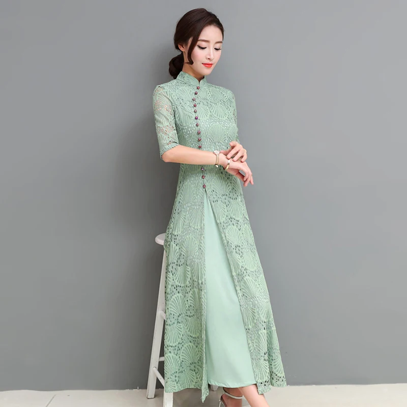 2019 летнее платье пачка для женщин с кружевной отделкой и длинными Cheongsam модные