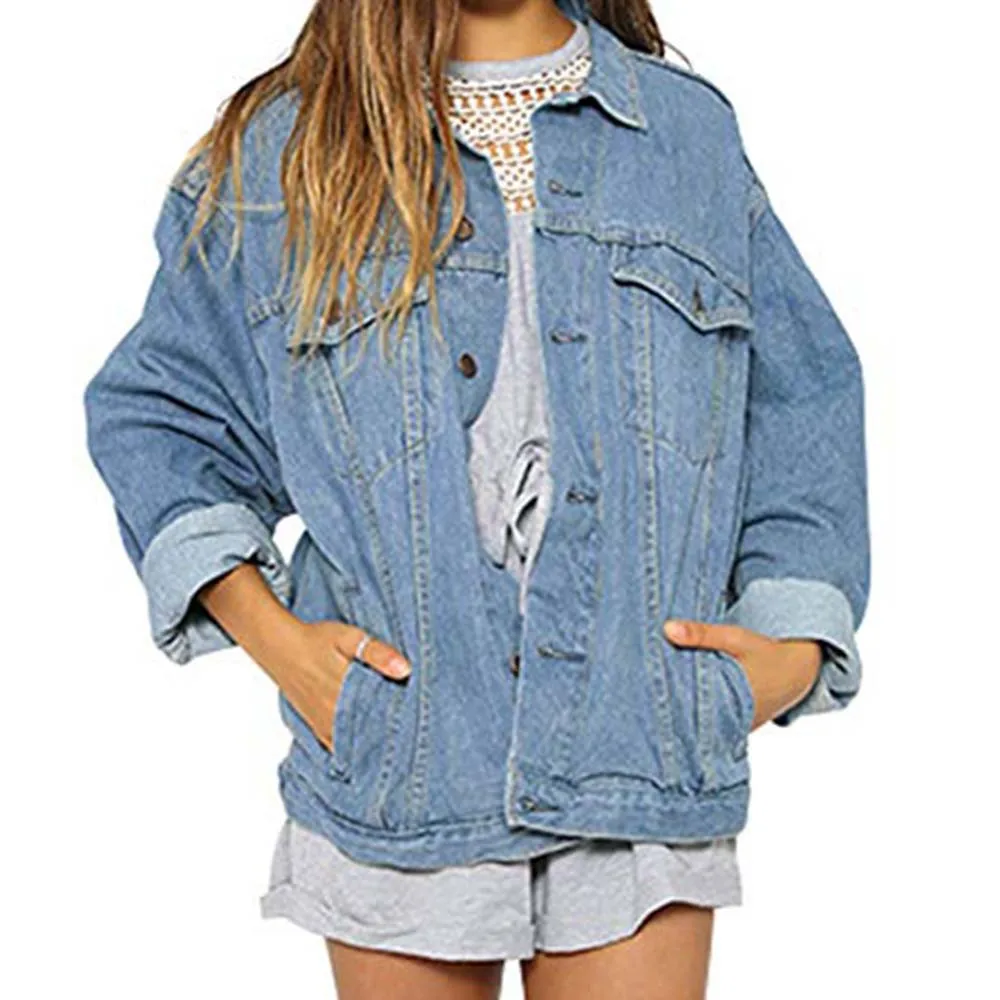 

FEITONG Autumn Winter Denim Jacket plus size women jackets Vintage Long Sleeve Loose Jeans Coat plus size women jackets#Y5s