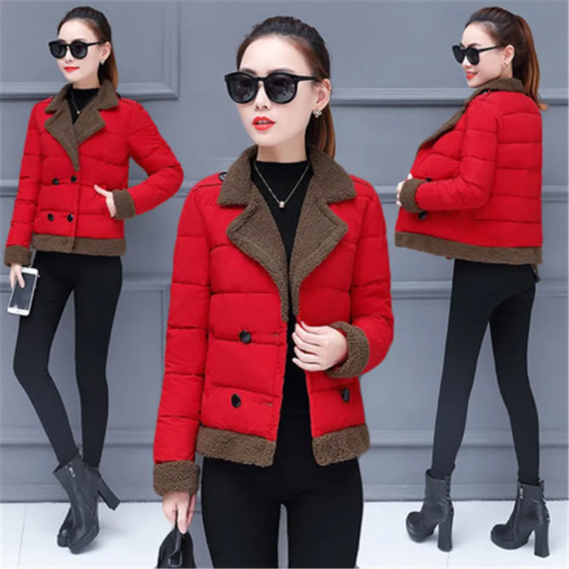 red Зимнее пальто, женские куртки, короткая женская хлопковая одежда, двубортные однотонные парки с отворотом для девочек, верхняя одежда X33 - Цвет: red