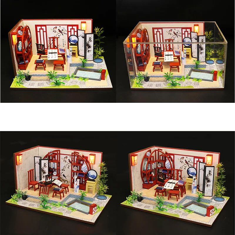 Миниатюрный Кукольный домик в китайском стиле, деревянная головоломка, модель, наборы мебели, сделай сам, кукольный домик, набор огней, подарок на день рождения для детей