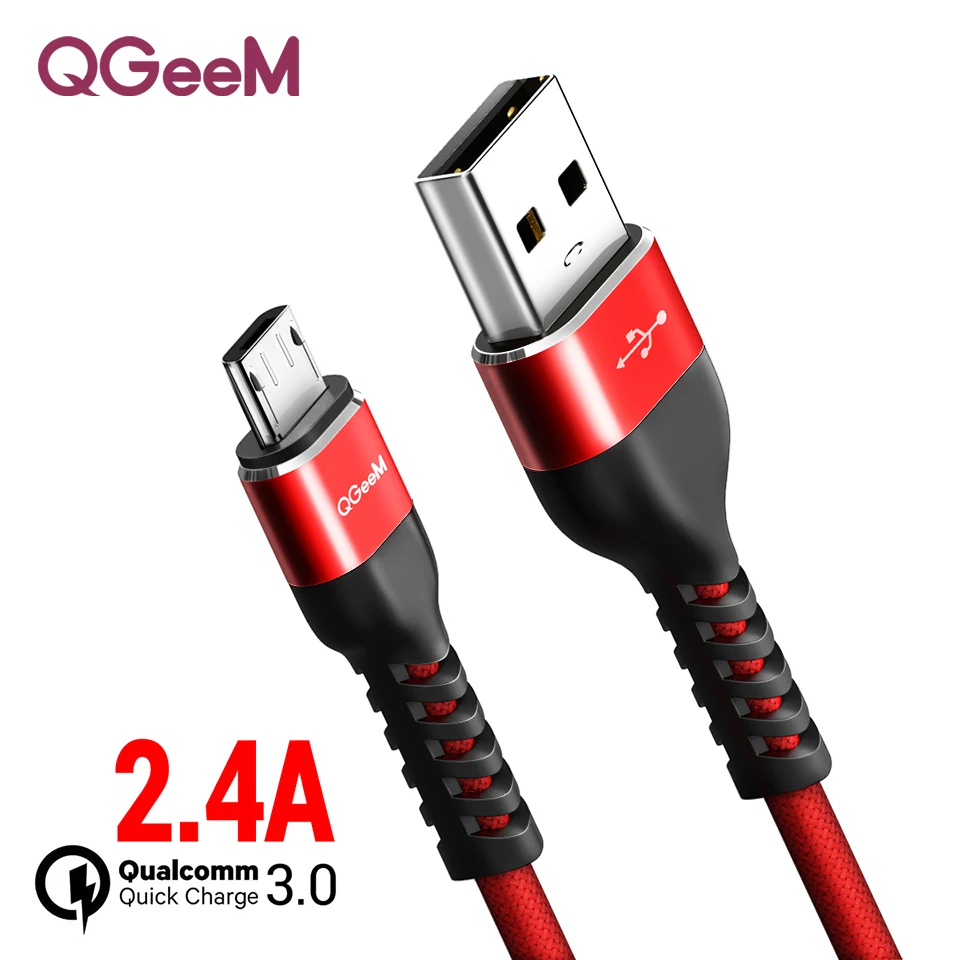 QGeeM المصغّر USB كابل 2.4A النايلون سريع تهمة USB كابل بيانات لسامسونج Xiaomi LG اللوحي شاحن هاتف محمول يعمل بنظام تشغيل أندرويد USB كابل شحن