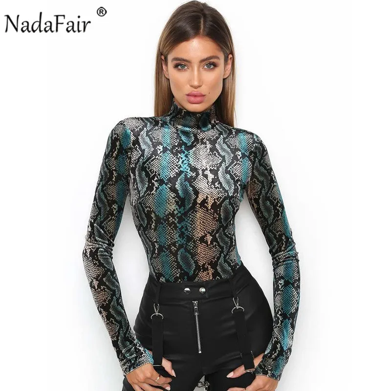

Nadafair Animal Snake Print Bodysuits Women Serpentine Long Sleeve Turtleneck Skinny Sexy Bodysuit Autumn Winter Casual Tops