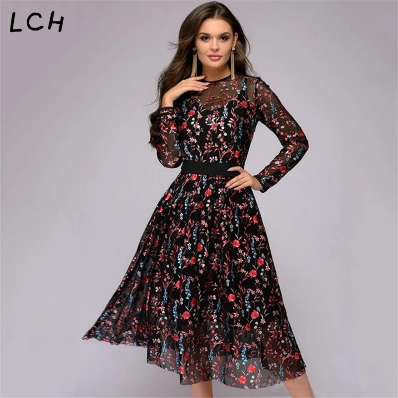 

Fashion Printed Long Sleeve Round Neck Hollow High Waist Dress For Women Vestidos Thin Tutu Women's Dresses vestidos mujer 2019