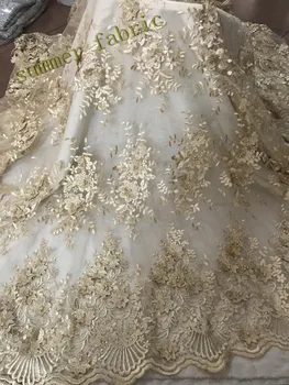 

African Beaded French Lace Fabric S186122 Women Nigerian Net Lace Fabrics Gold mbroidery Mesh Flower Lace Fabric