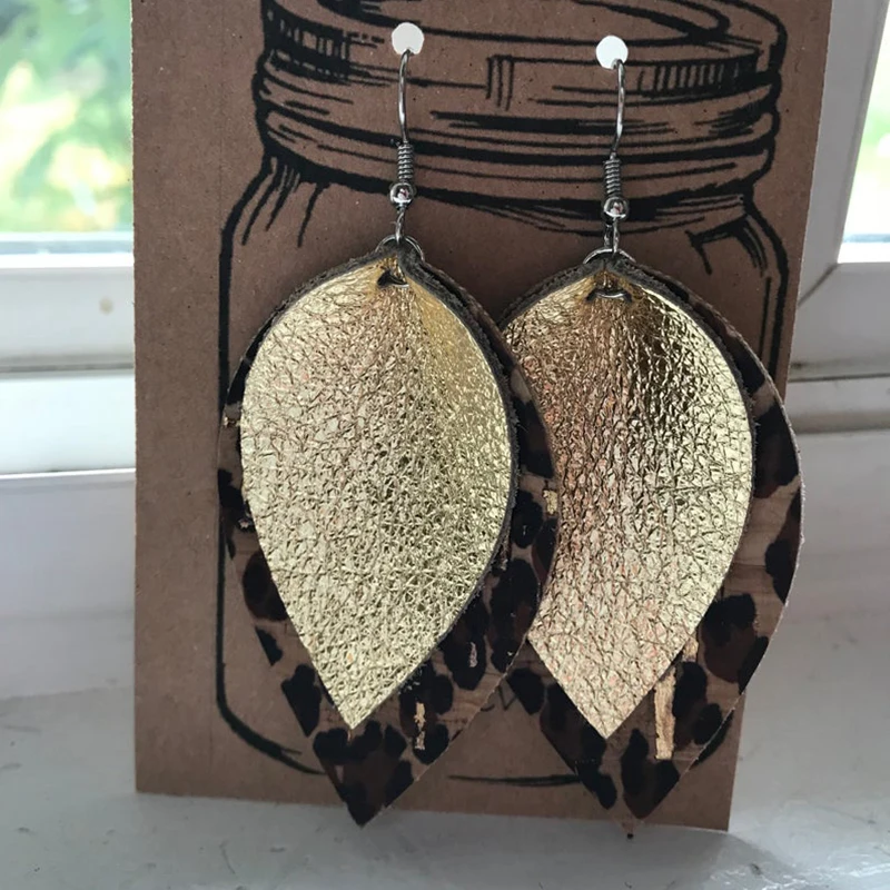 

Stock New Double Layers Leopard Leather Earrings Navy Blue And Gold Metallic Leather Layered Leaf Lightweight Dangle Earrings