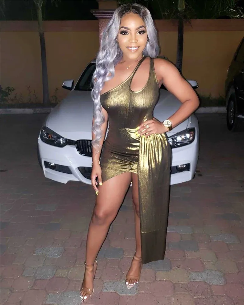 

Gold Metallic Sexy Bodycon Dress Women Fashion Hollow Cut Out One Shoulder Slim Draped Mini Dress Short Party Night Club Dresses